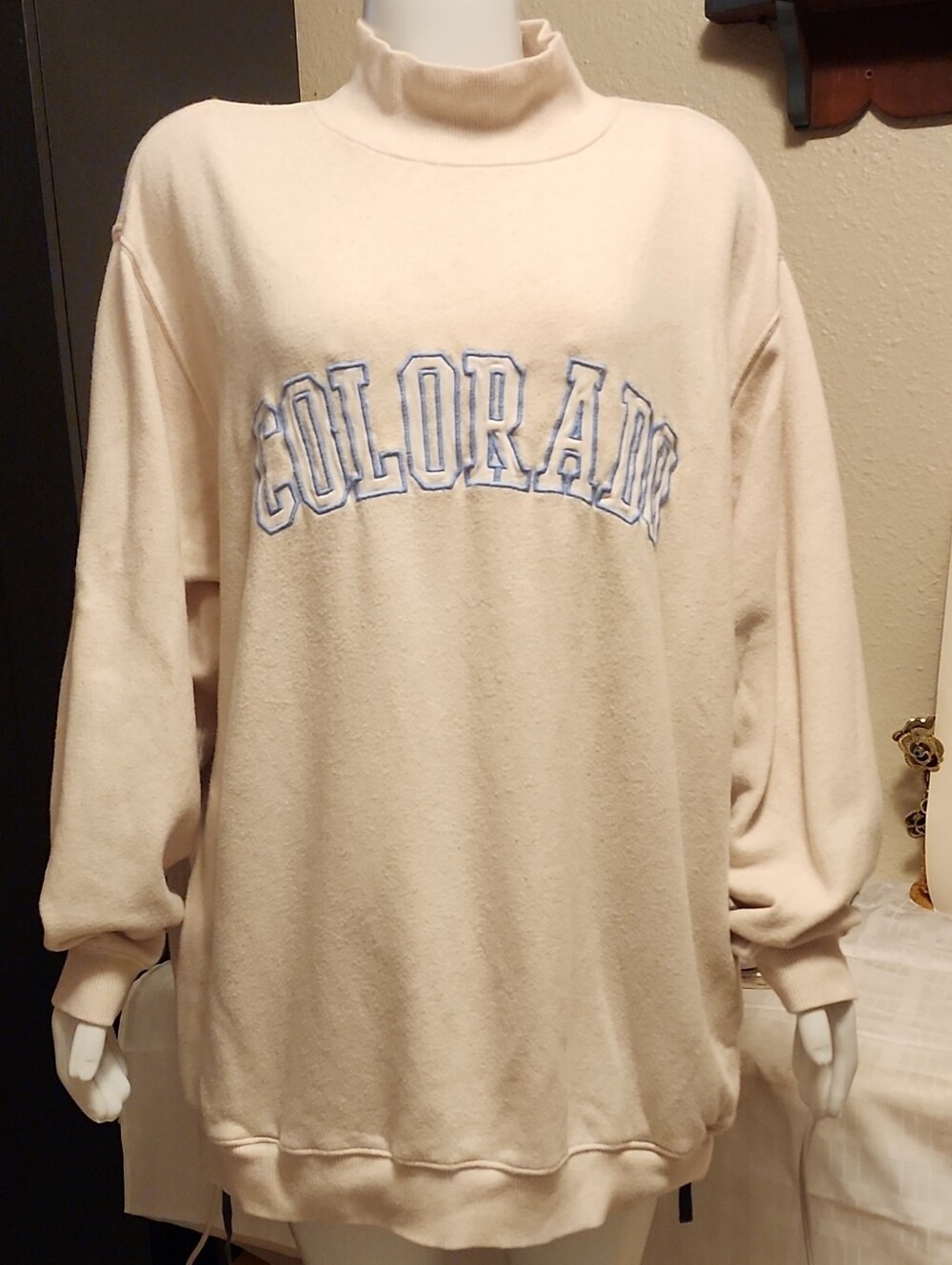 aerie Cream Mock-Neck Sweater with Light Blue 'COLORADO' Embroidery